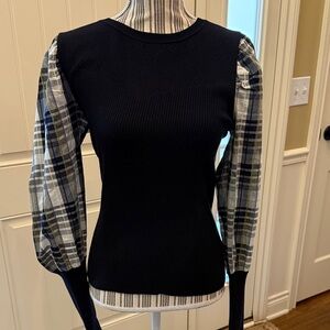 Veronica Beard Navy knit Top with Plaid Sleeves